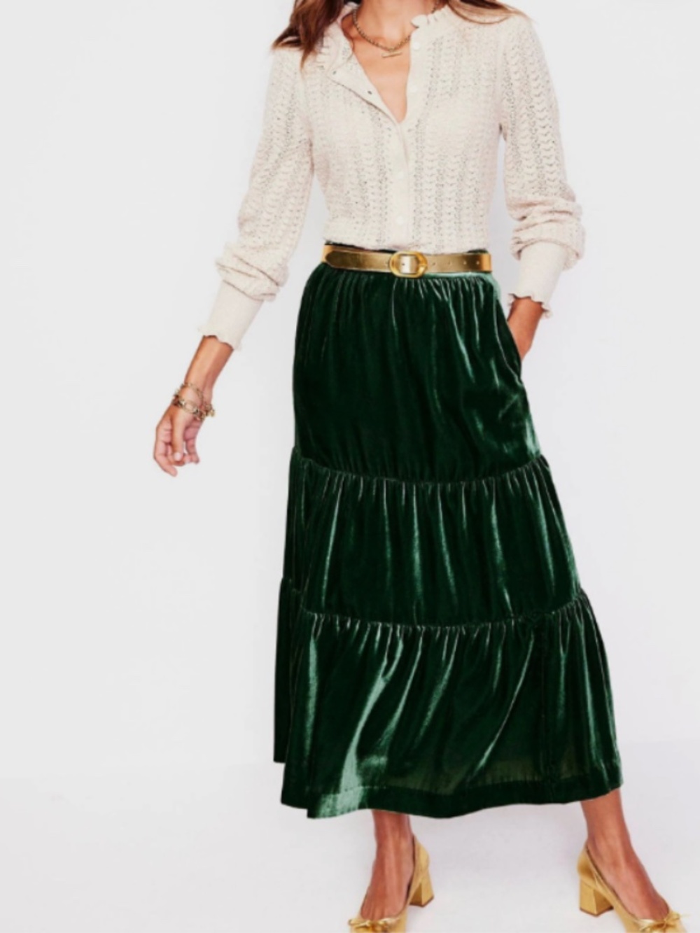 Boden Green Viv Velvet Tiered Maxi Skirt Sz 14